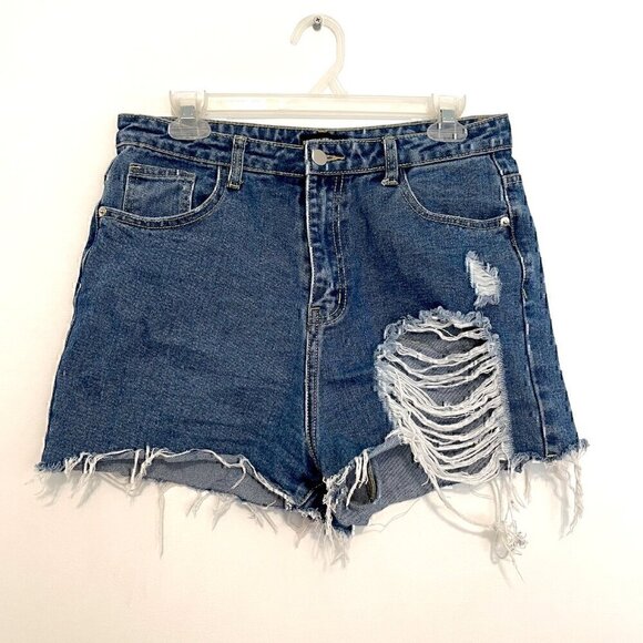 PRETTYLITTLETHING Dark Blue Wash Distressed Denim Mom Shorts Ripped High Waisted - Picture 2 of 15